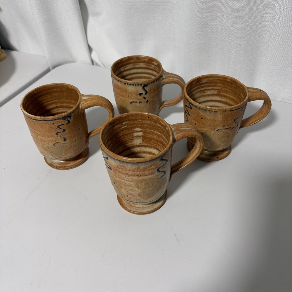 Studio Art Pottery Two Tone Brown Coffee Mugs Handmade Rustic Set of 4 6oz